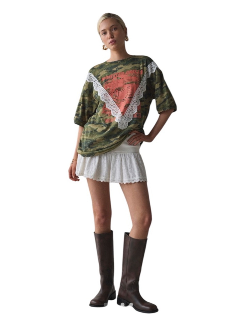 Urban Outfitters Lace-Trim Oversized Camo Graphic Tee. Size Small.